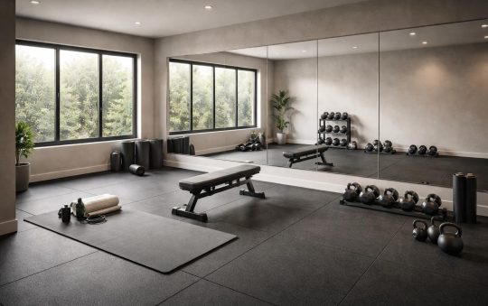 Préparer épreuve sportive chez soi nécessite sol gym résistant et miroirs muraux