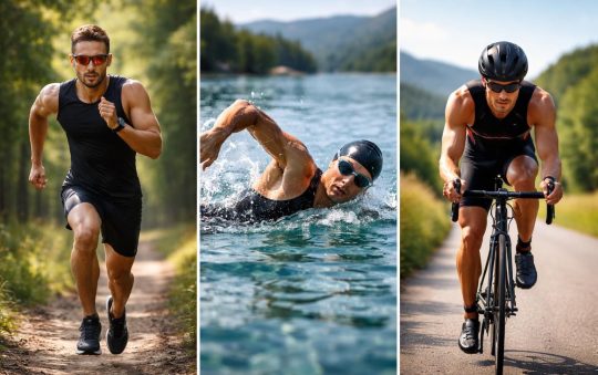 Triathlon et fitness avec préparation course à pied, natation et cyclisme pour compétiteurs