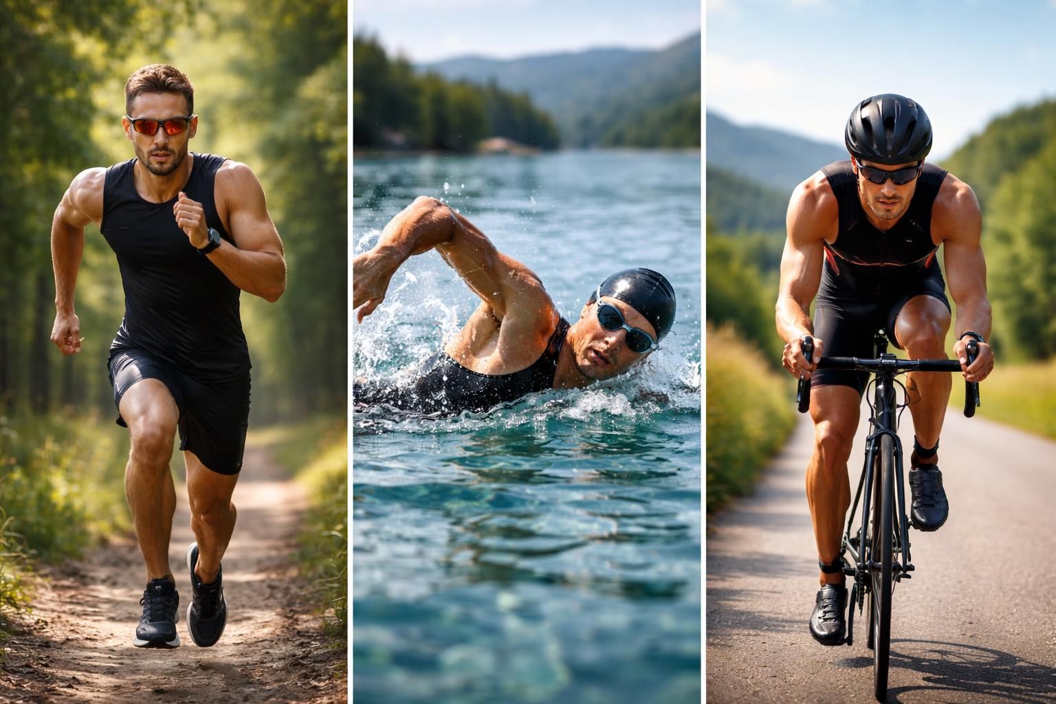 Triathlon et fitness avec préparation course à pied, natation et cyclisme pour compétiteurs