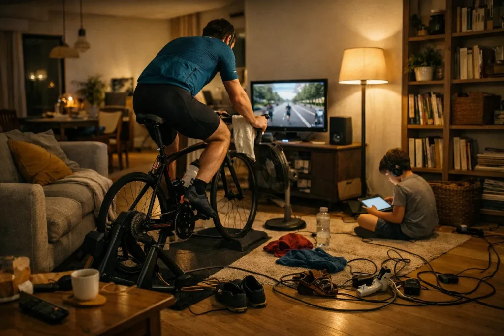 Home trainer dans le salon : bruit, place et câbles à gérer